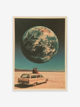 Surreal art print of a couple on a vintage car roof looking at a giant Earth in a desert landscape