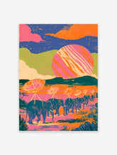 Surreal elephant wall art print with elephants carrying satellite dishes under a striped pink sun