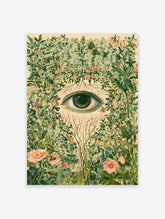 Surreal eye art print with green iris surrounded by pink poppies and wildflowers