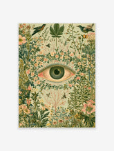 Surreal eye art print with green iris and red veins surrounded by botanical flowers and birds
