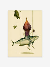 Surreal illustration of a figure with a fig head riding a fish while holding grapes, on a pale background