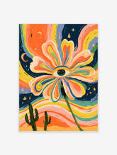 Surreal flower with eye centre and rainbow petals, cacti and starry sky, colourful psychedelic art print