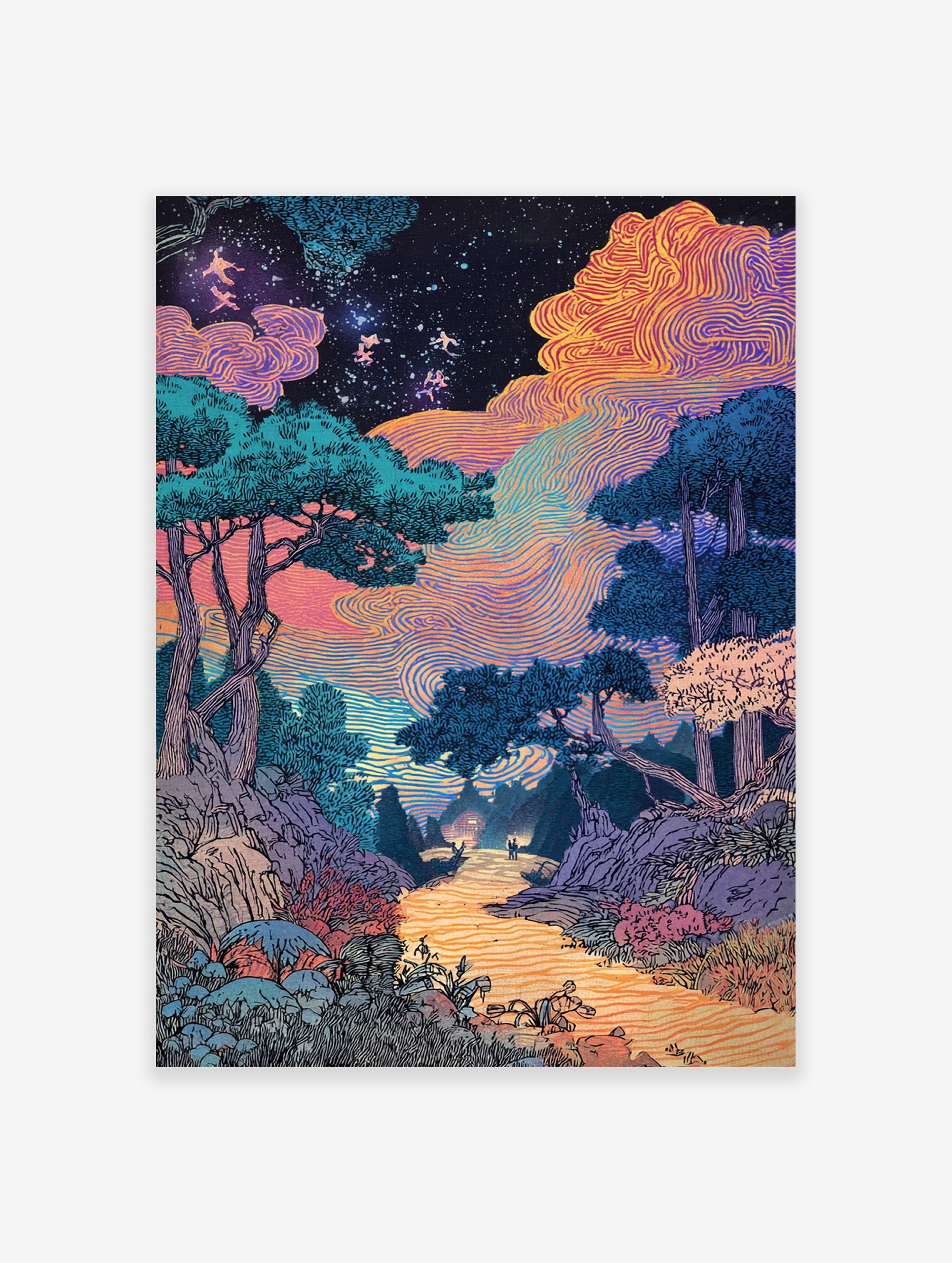 A surreal landscape poster depicting a vibrant night sky with swirling orange and purple clouds, a forest, and two figures on a path.