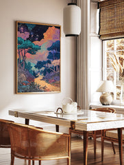 A surreal landscape poster depicting a vibrant night sky with swirling orange and purple clouds, a forest, and two figures on a path. - Image 2