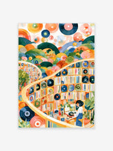 Surreal library illustration with books, vinyl records, and plants in a whimsical, colourful style
