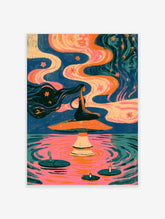 Surreal art print of a woman meditating on a giant orange mushroom with pink smoke and cosmic faces