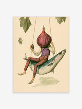 Surreal illustration of a figure with an onion head swinging on a giant fish while holding grapes