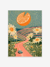 Surreal orange sun over pink road and daisies retro landscape art print