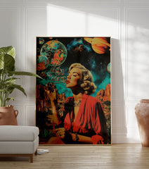 Surreal space woman poster showing a retro woman blowing bubbles that turn into planets in a desert landscape. - Image 3