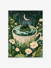 Surreal illustration of a teacup filled with a stormy sea and pine island surrounded by flowers against a starry night sky