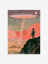 Cowboy silhouette on cliff watching UFO beam lift cow in desert canyon, coral and green poster art