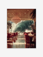 Surreal wall art showing a huge ocean wave outside a luxury restaurant with red chairs and a grand chandelier.