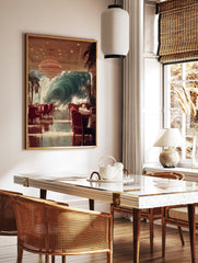 Surreal wall art showing a huge ocean wave outside a luxury restaurant with red chairs and a grand chandelier. - Image 2