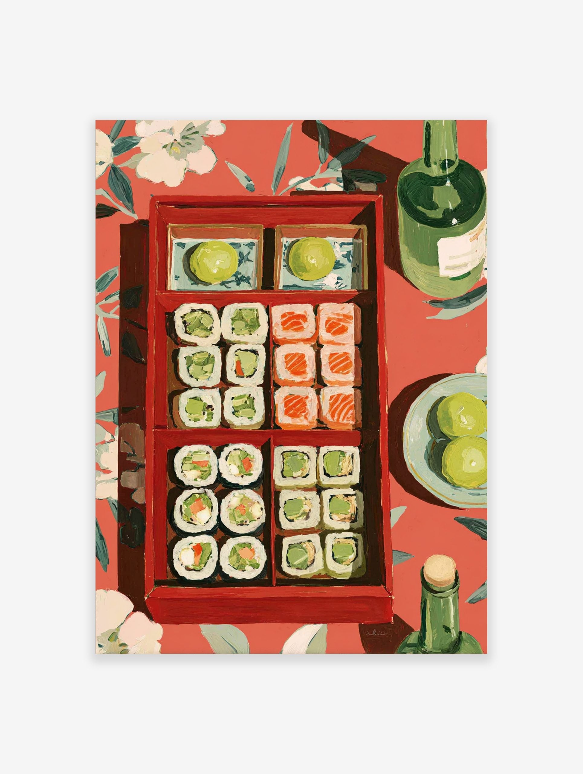 Illustrative wall art of a red bento box filled with sushi and limes, green bottles, on a red floral tablecloth