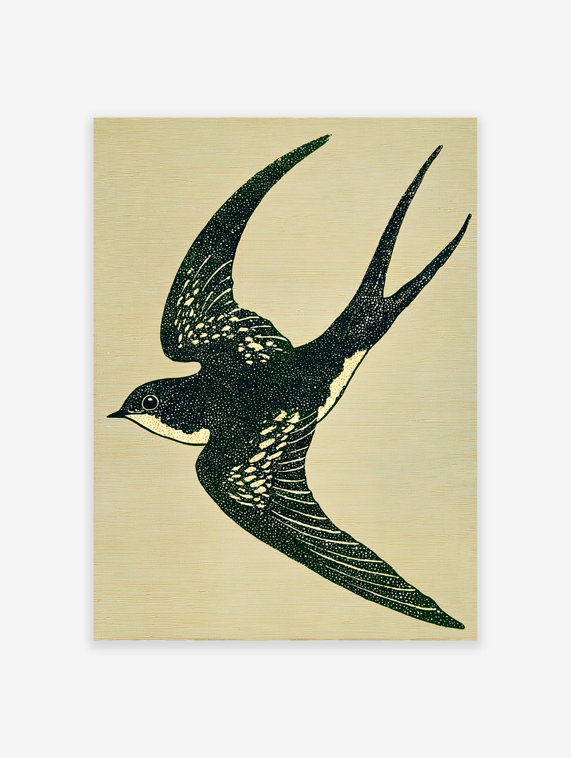 Green swallow bird illustration art print in flight on a cream textured background, featuring white stipple details.
