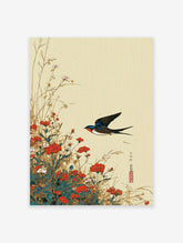 Traditional Asian swallow bird wall art print flying over red and white flowers and grass on a light beige textured background.