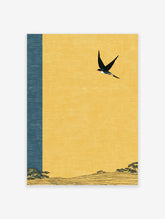 Japanese-style swallow bird flying over a yellow and blue landscape with hills and trees, illustrative art print.