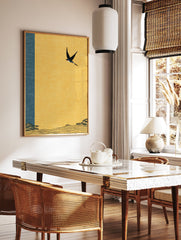 Japanese-style swallow bird flying over a yellow and blue landscape with hills and trees, illustrative art print. - Image 2