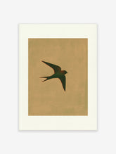 Minimalist swallow bird wall art print featuring a dark silhouette with a red outline on a textured tan background