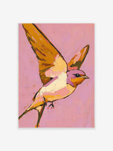Textured painting of a swallow bird with outstretched wings on a vibrant pink background, in yellow, orange, and purple.