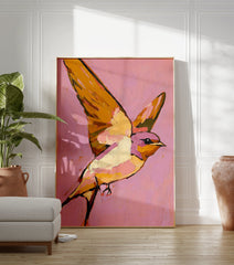 Textured painting of a swallow bird with outstretched wings on a vibrant pink background, in yellow, orange, and purple. - Image 3