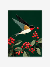 Swallow bird flying towards red berries on a branch against a dark green background, in a stylized botanical art print.