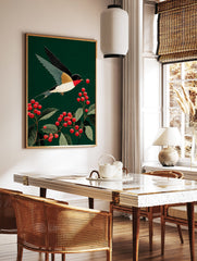 Swallow bird flying towards red berries on a branch against a dark green background, in a stylized botanical art print. - Image 3