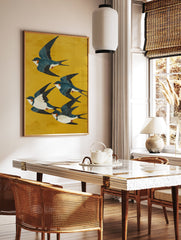A Japanese illustration poster featuring five blue and white swallow birds with orange markings flying across a vibrant yellow background. - Image 2
