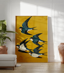 A Japanese illustration poster featuring five blue and white swallow birds with orange markings flying across a vibrant yellow background. - Image 3
