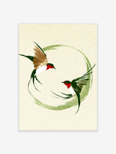 Japanese style ink brush painting of two swallow birds flying within a green circular brushstroke on textured paper