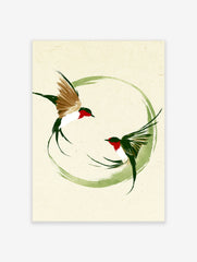 Japanese style ink brush painting of two swallow birds flying within a green circular brushstroke on textured paper