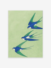 Three blue and green swallows in flight on a light green background, Japanese style swallow wall art print.