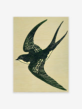 Illustrative art print of a dark green swallow bird in flight with white speckles against a light beige textured background.