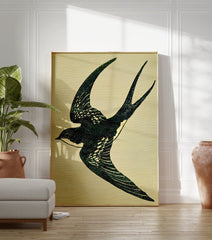 Illustrative art print of a dark green swallow bird in flight with white speckles against a light beige textured background. - Image 3