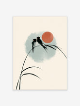 Two swallows on a curved reed with pale blue wash and coral sun, Japanese-style bird art print