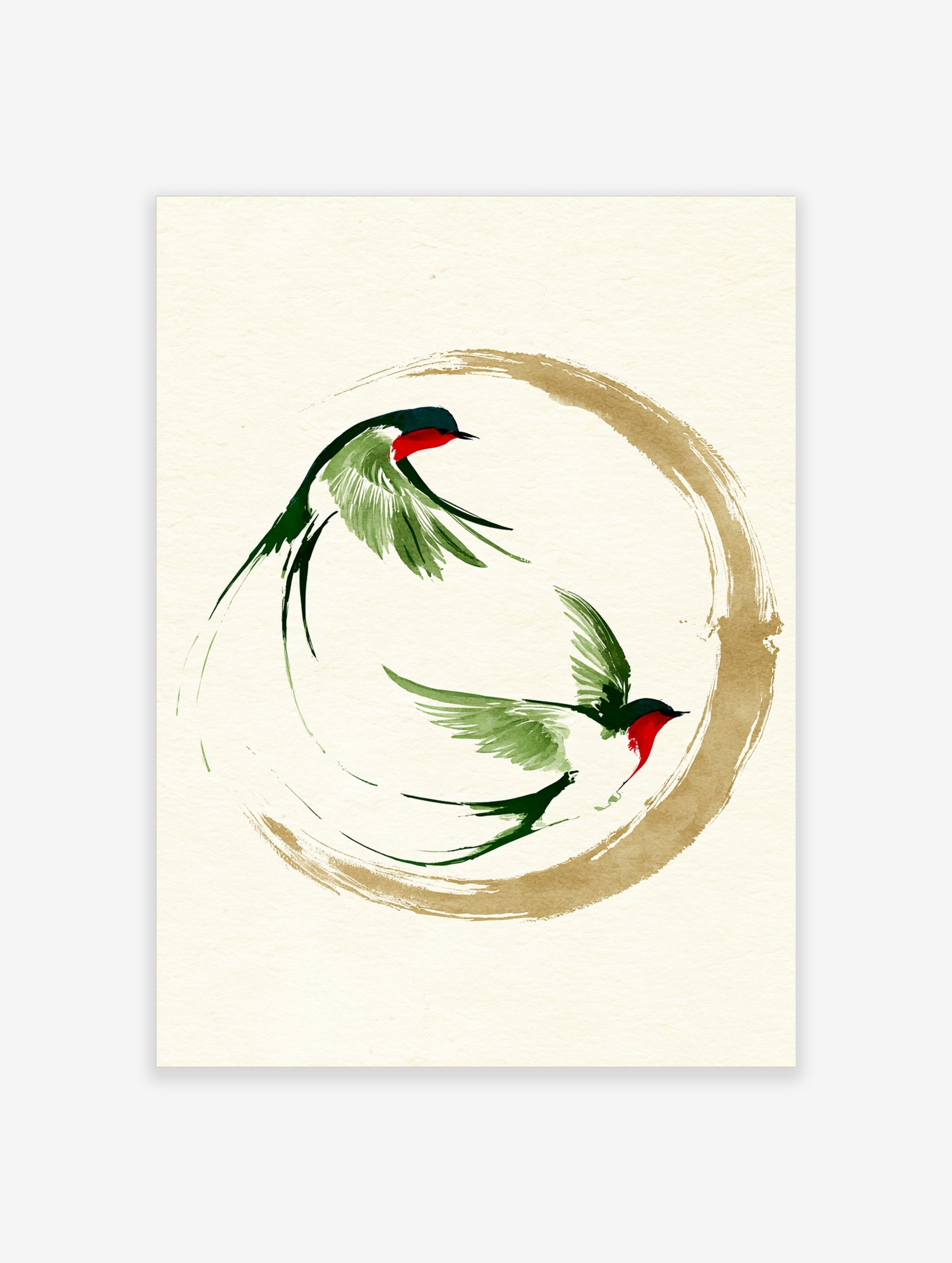 Two swallows in ink-wash style flying within a gold enso circle, Japanese minimalist art print on cream background