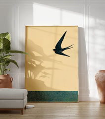 Japanese style art print featuring a black swallow flying against a yellow sky above a teal patterned band. - Image 3