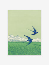 Two blue swallows flying over a green field with distant mountains, in a Japanese-inspired illustration style art print.