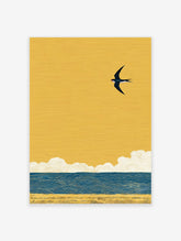 Minimalist swallow bird wall art flying over blue ocean waves and golden sand under a vibrant yellow sky illustration.