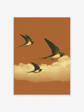 Vintage swallows birds in flight illustration art print against an orange sky with a cloud