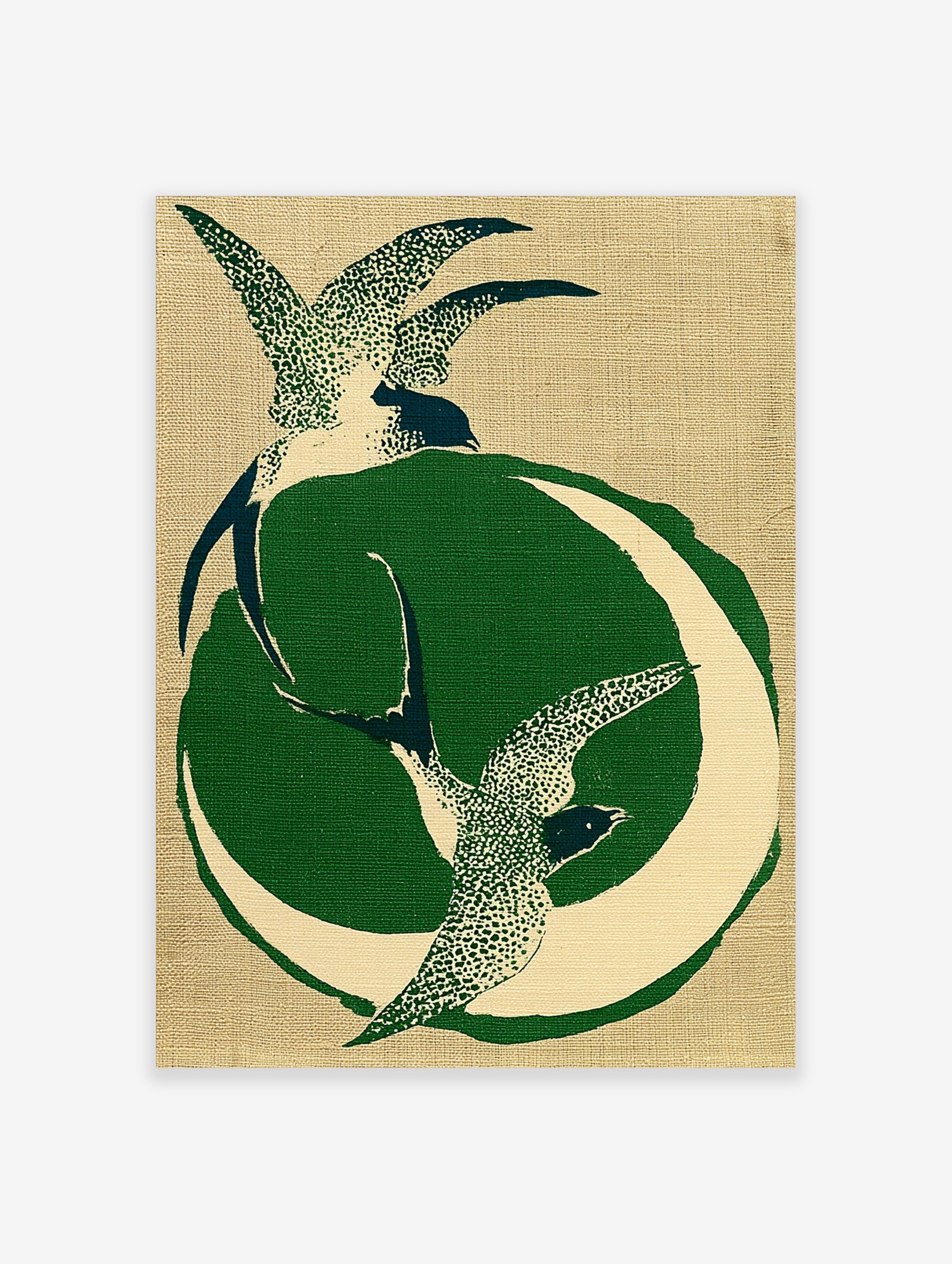 Stylised illustration of two swallows in flight with a green crescent moon on a textured tan background