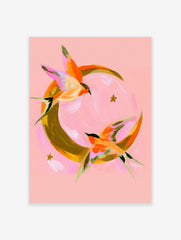 Abstract swallow bird illustration flying around a golden crescent moon on a pink background art print