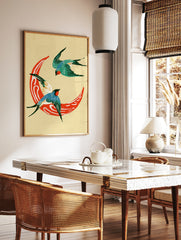 Two swallows flying around a red crescent moon, illustrative style print on cream background, in a styled room mockup