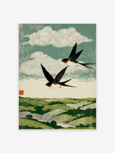 Woodblock style print of two black and white swallows with red throats flying over green rolling hills and swirling clouds