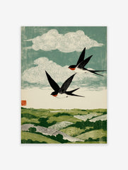 Woodblock style print of two black and white swallows with red throats flying over green rolling hills and swirling clouds