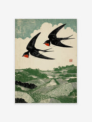 Woodcut print of two black and red swallows flying over a green rolling landscape with fields and trees