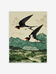 Two black and white swallows with red markings flying over green mountains in a woodblock print style