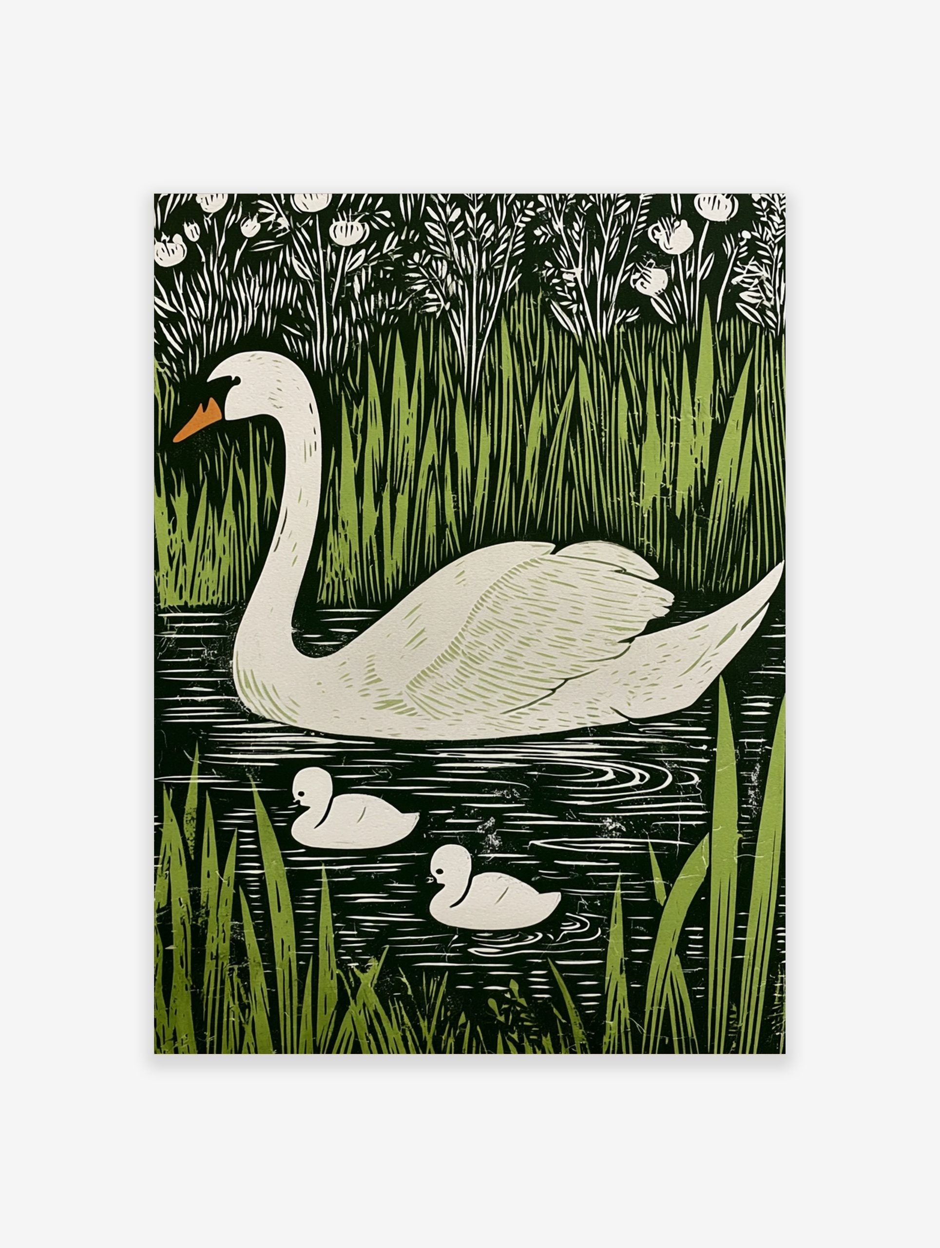 White swan and two cygnets swimming in dark water, surrounded by green reeds and white flowers, in an illustrative style