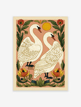 Illustrative art print of two white swans facing each other, surrounded by red and yellow flowers and green leaves on a