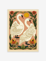 Illustrative art print of two white swans facing each other, surrounded by red and yellow flowers and green leaves on a